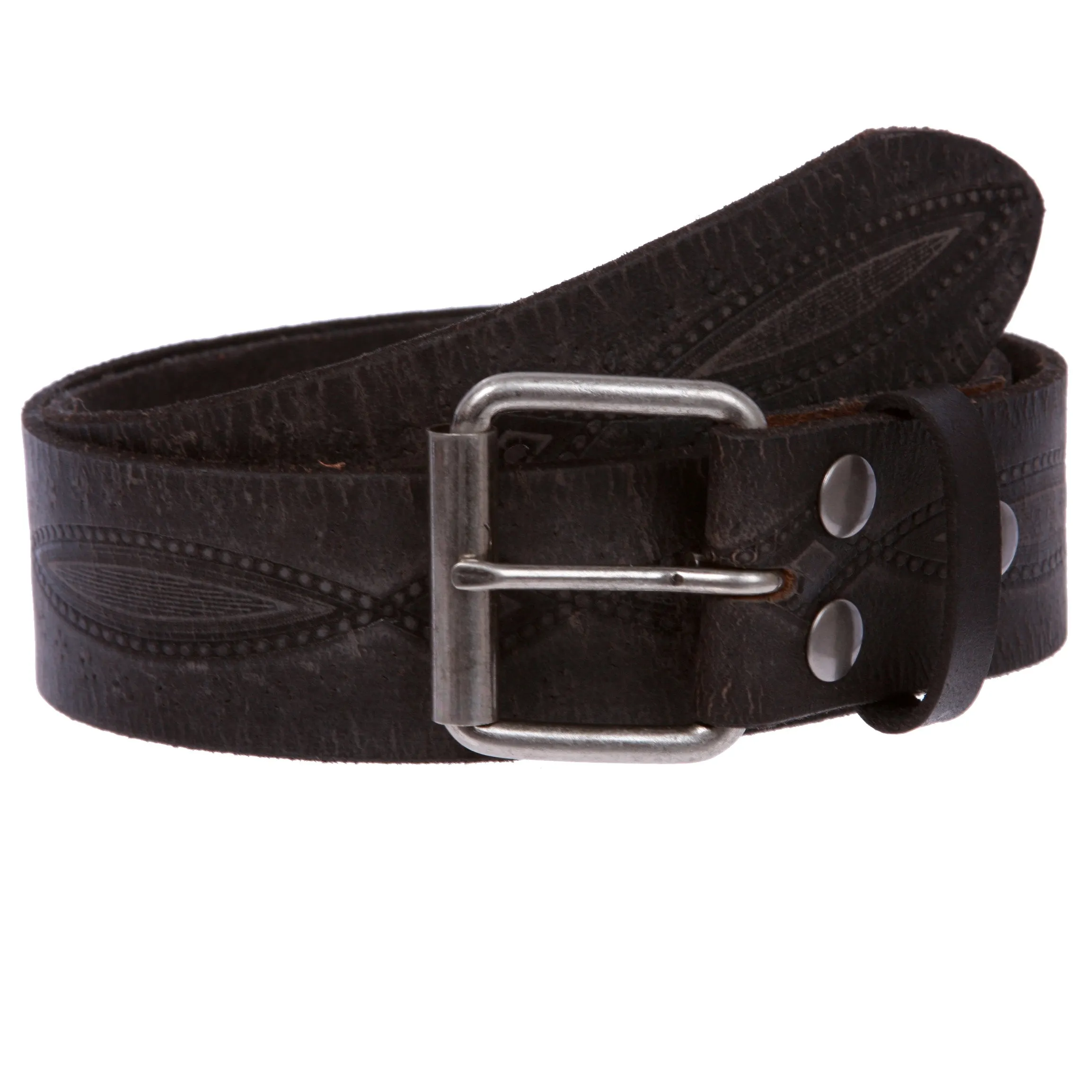 1 3/4" snap on Embossed Vintage Cowhide Thick Leather Casual Jean Belt