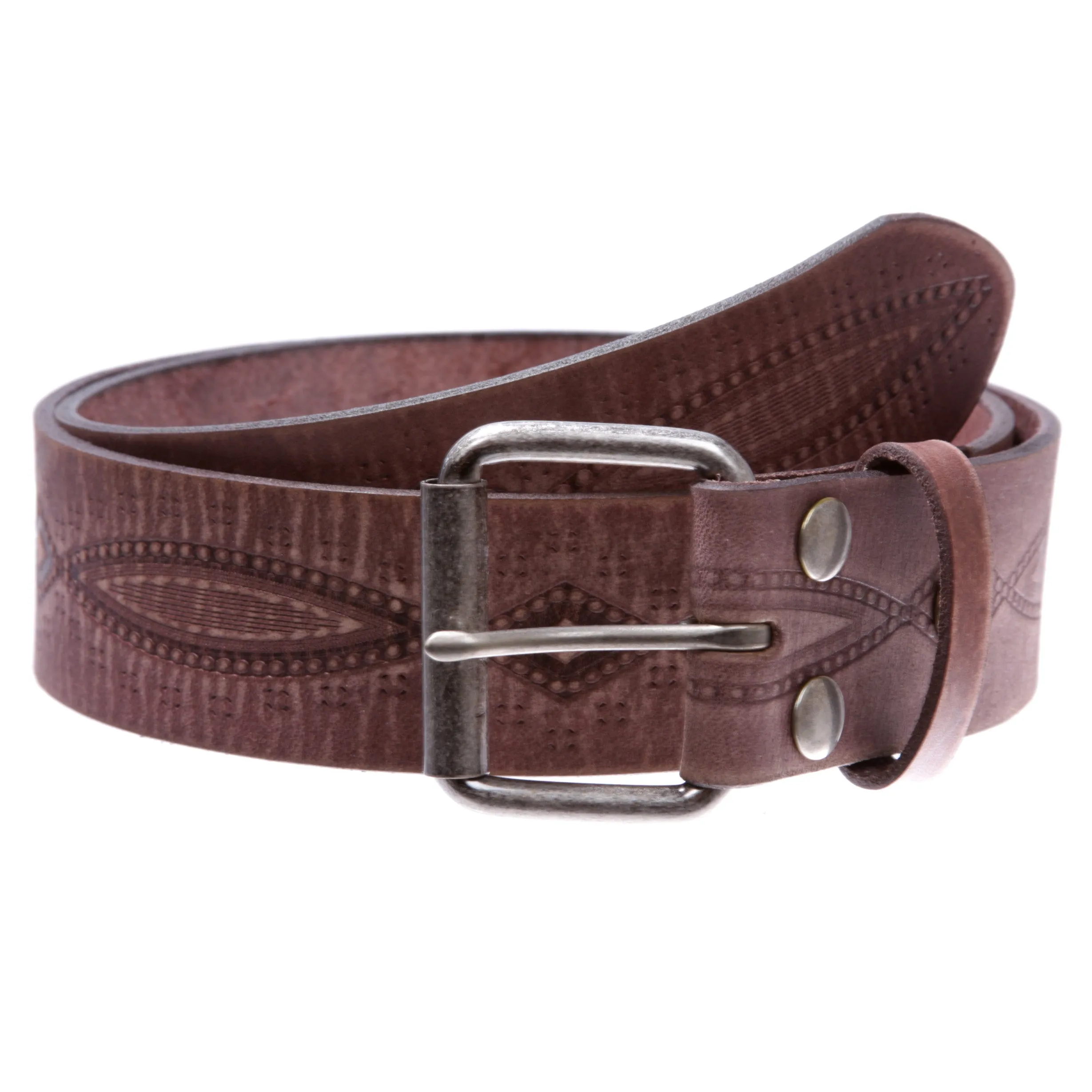 1 3/4" snap on Embossed Vintage Cowhide Thick Leather Casual Jean Belt