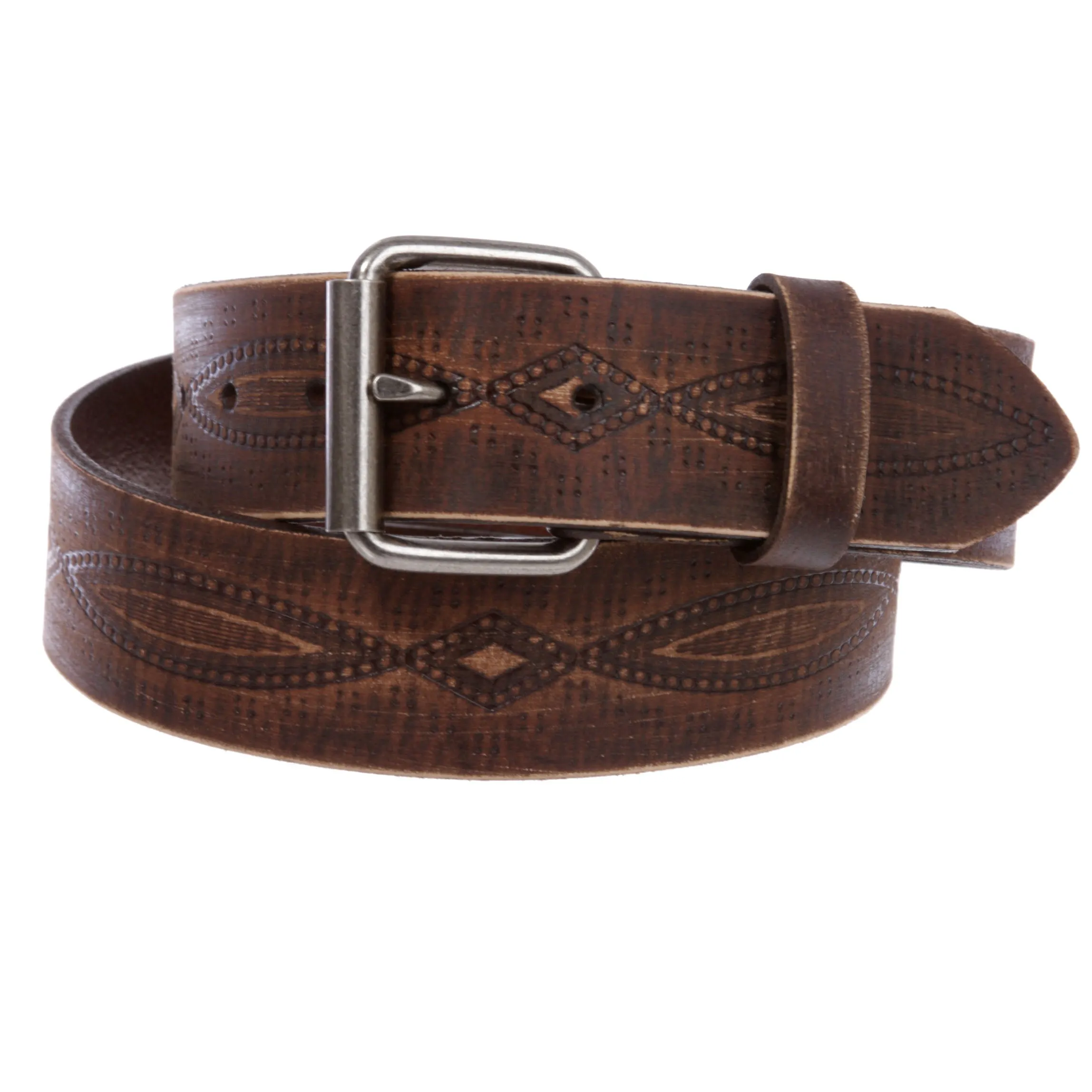 1 3/4" snap on Embossed Vintage Cowhide Thick Leather Casual Jean Belt