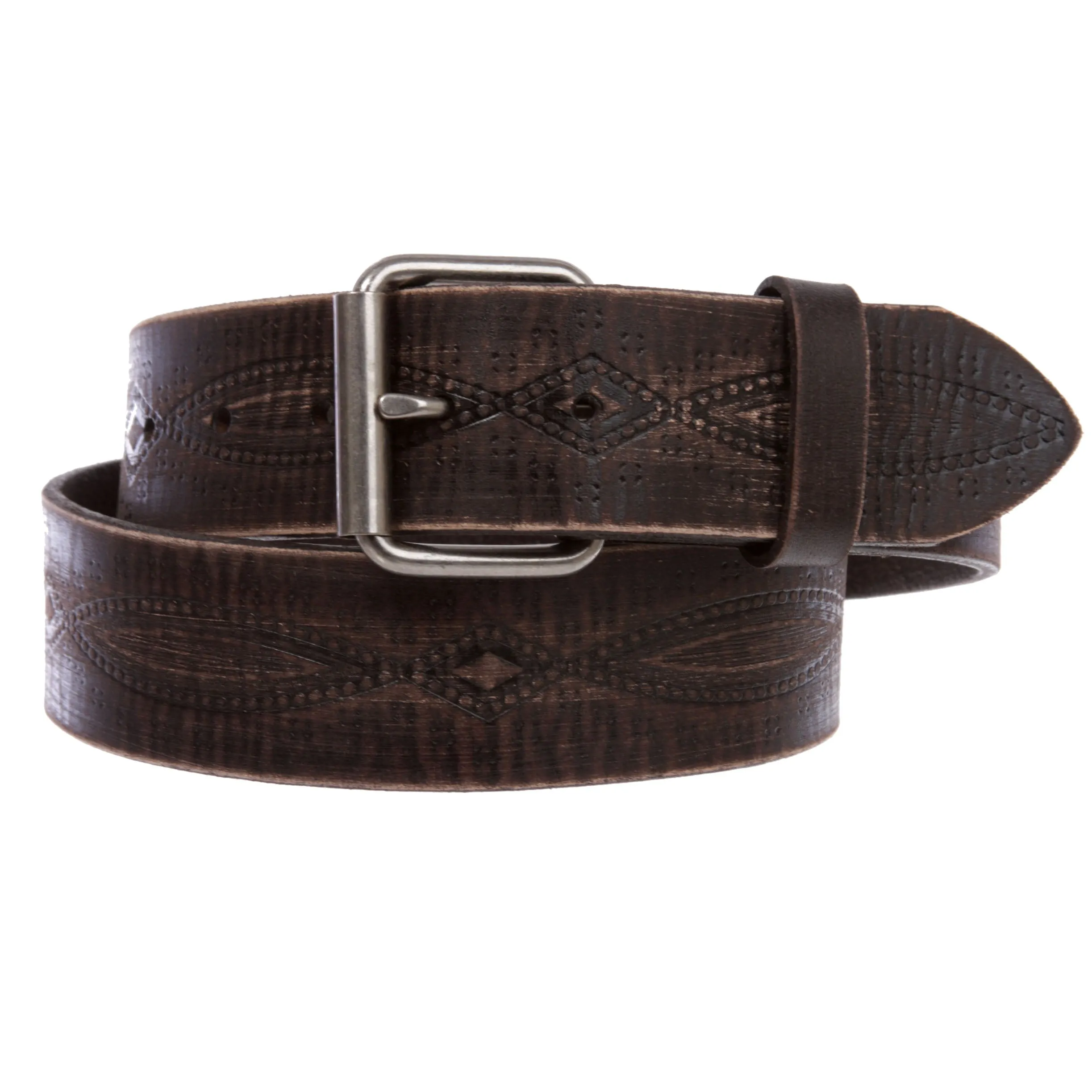 1 3/4" snap on Embossed Vintage Cowhide Thick Leather Casual Jean Belt