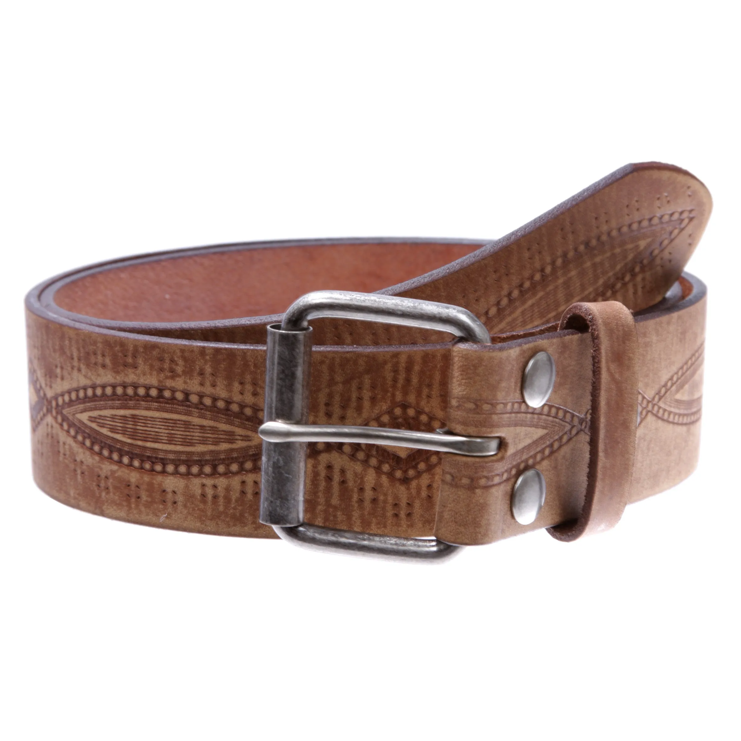1 3/4" snap on Embossed Vintage Cowhide Thick Leather Casual Jean Belt