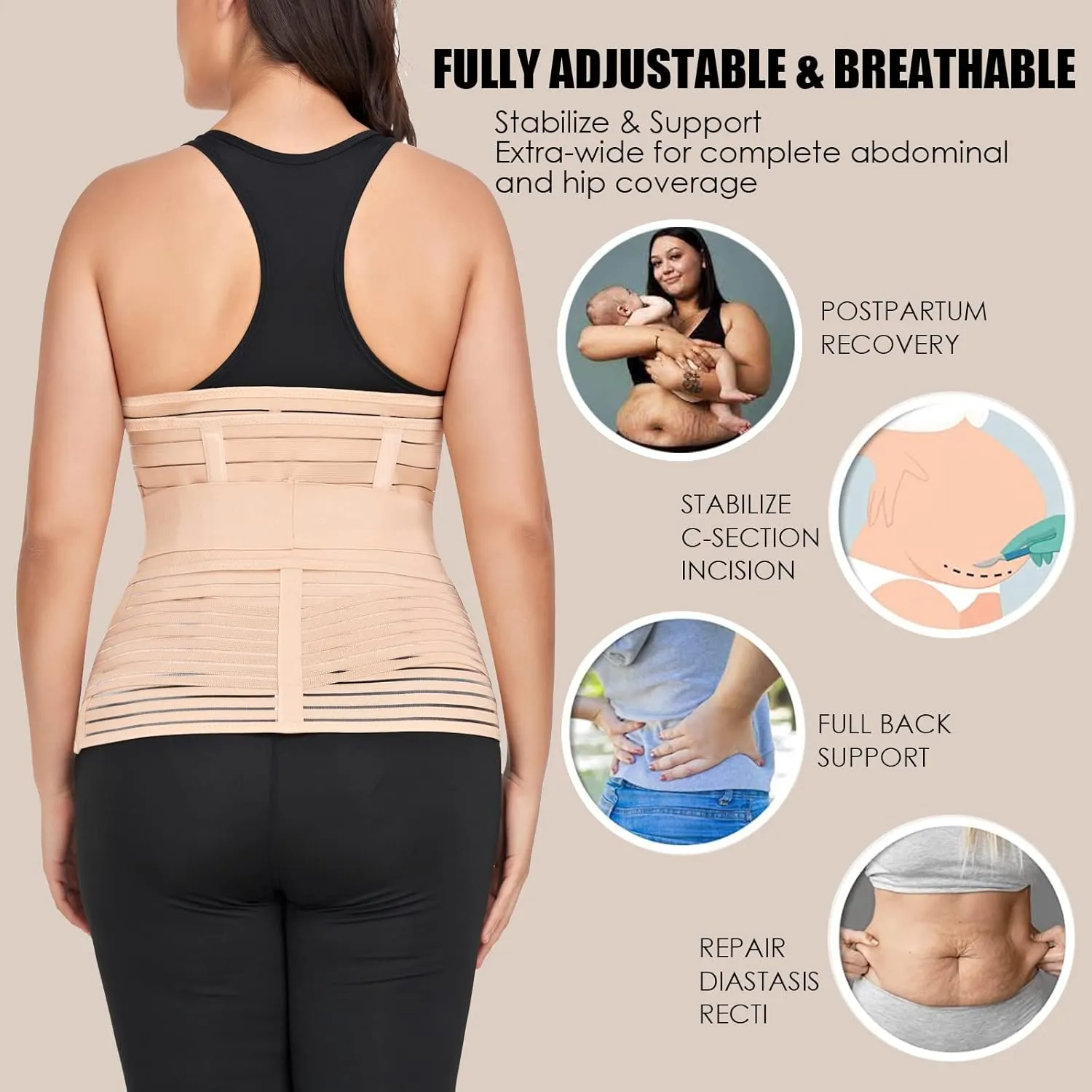3 in 1 Postpartum Belly Band Wrap Support Recovery Girdles Abdominer Binder Post Surgery Belly&Waist&Pelvis Support Belt & Back Brace (Beige, XX-Large)
