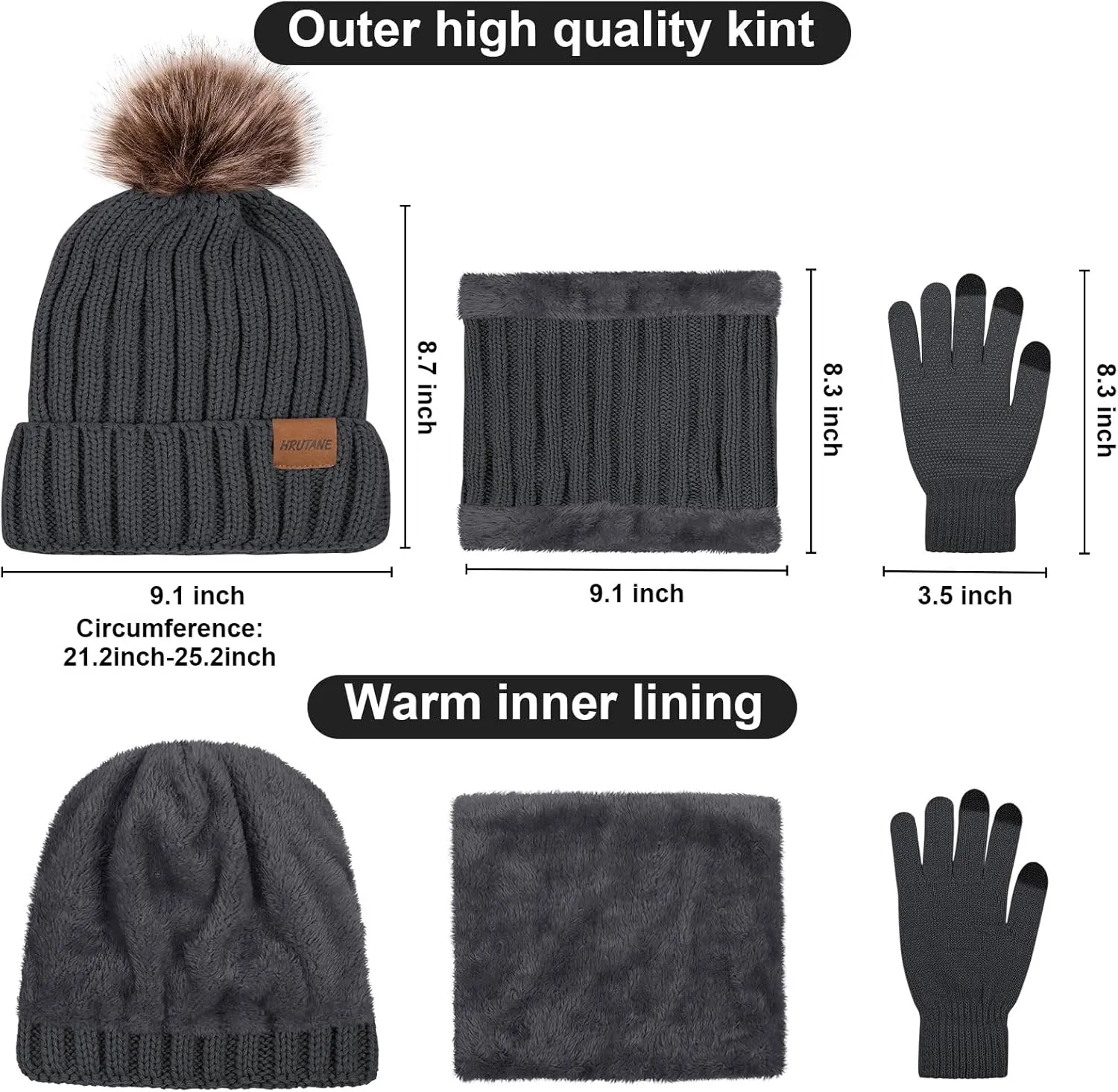 3 Pcs Winter Hat Scarf and Gloves Set for Women, Warm Knit Fleece Lined Beanies Neck Warmer Touchscreen Gloves