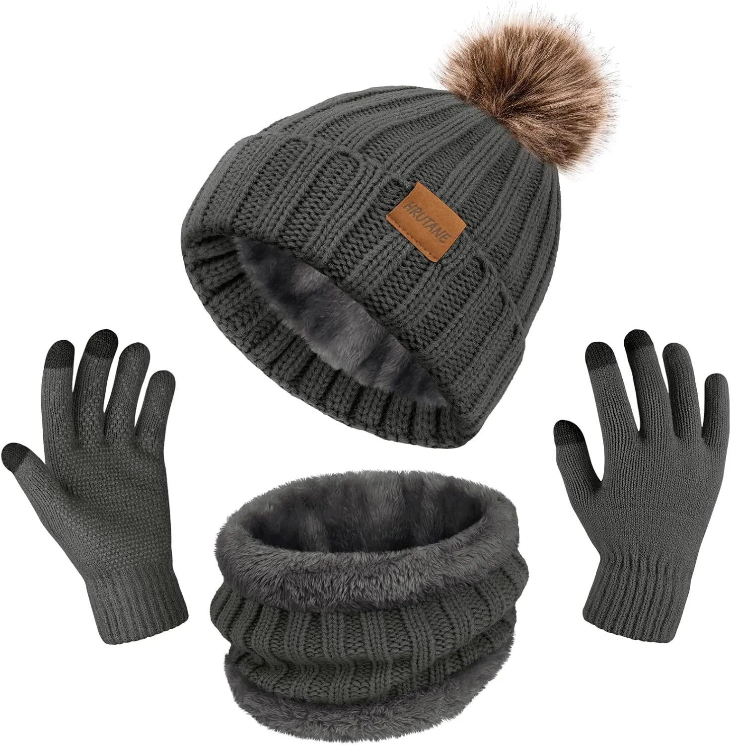 3 Pcs Winter Hat Scarf and Gloves Set for Women, Warm Knit Fleece Lined Beanies Neck Warmer Touchscreen Gloves