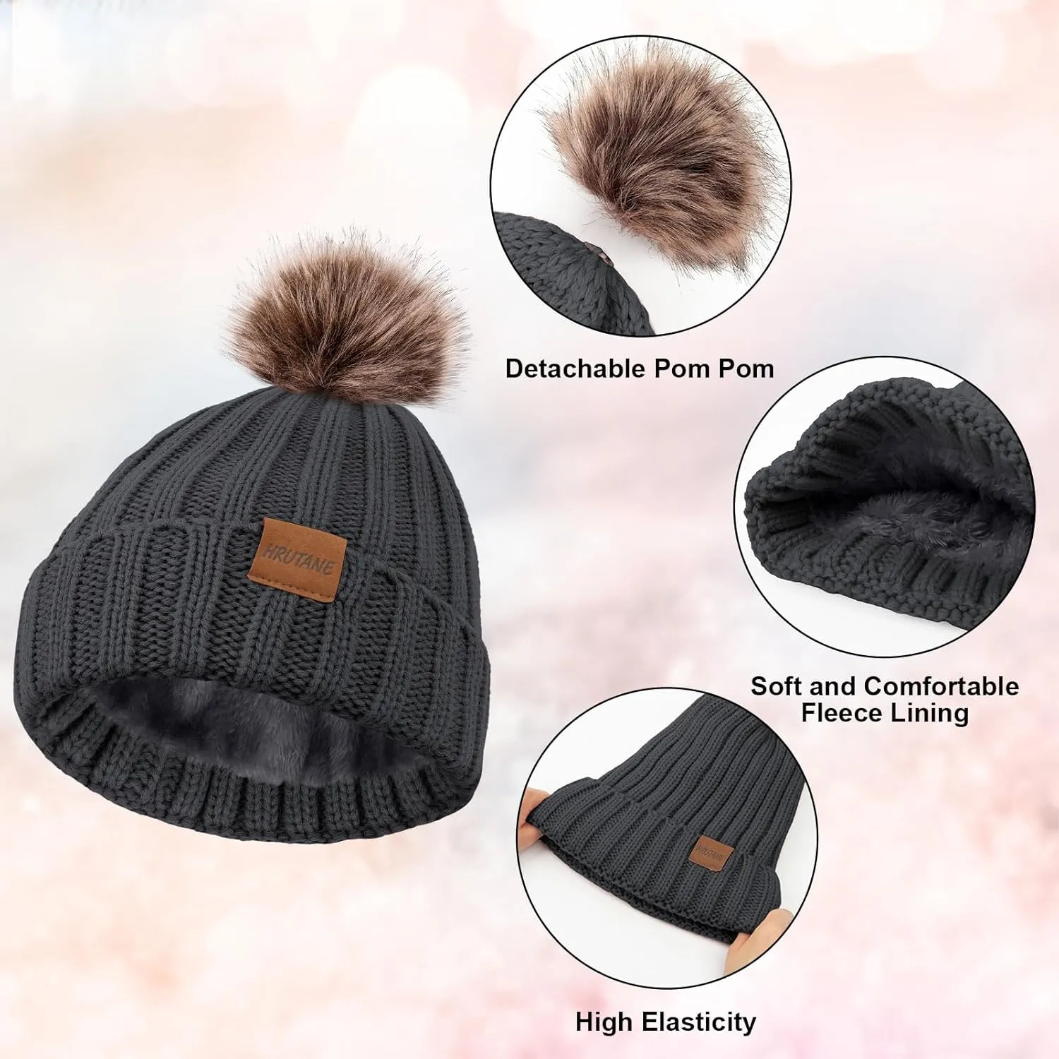 3 Pcs Winter Hat Scarf and Gloves Set for Women, Warm Knit Fleece Lined Beanies Neck Warmer Touchscreen Gloves