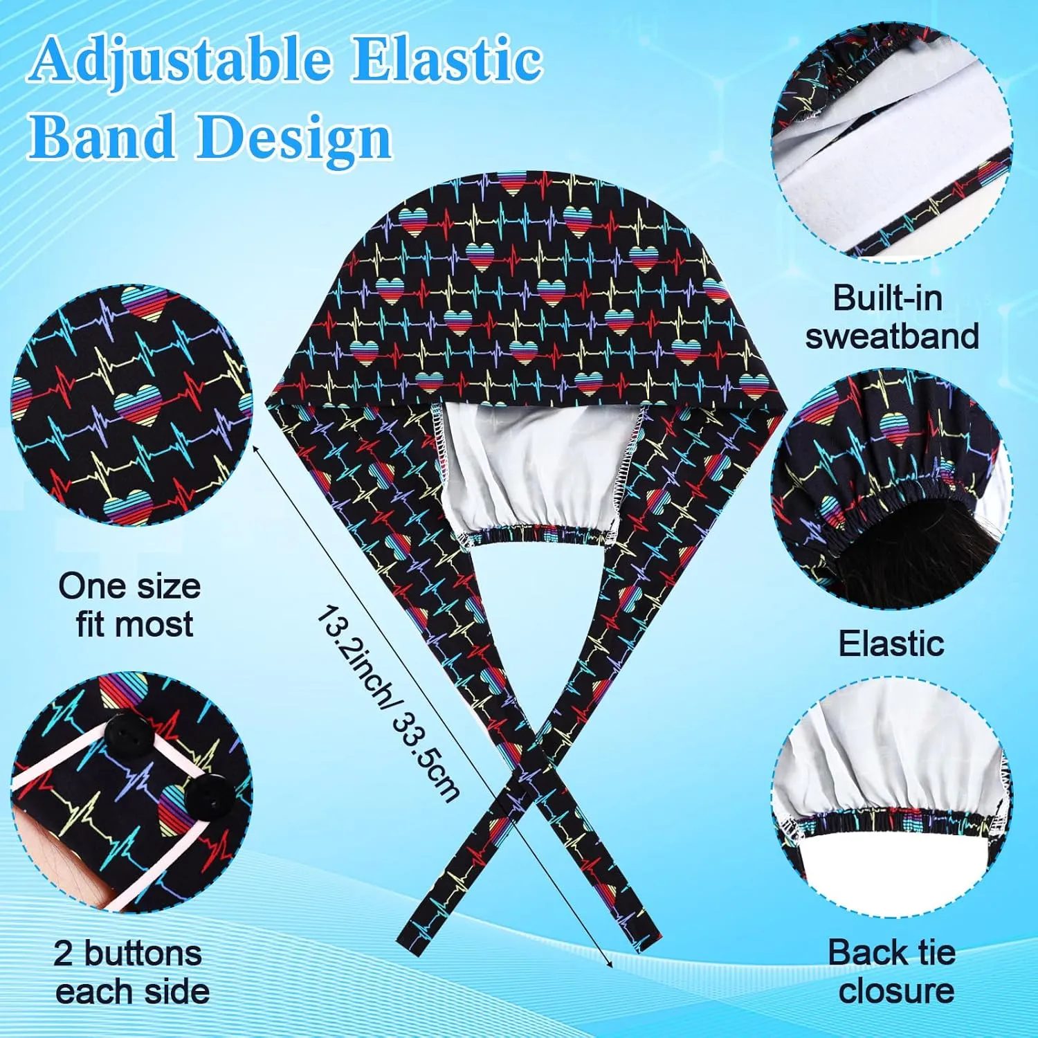 6 Pcs Scrub Cap Adjustable Nurse Hat with Double Button and Sweatband Elastic Bandage for Women Men