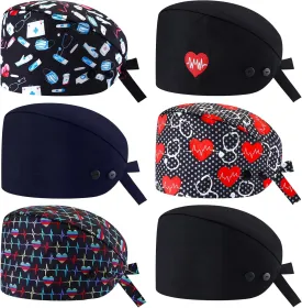 6 Pcs Scrub Cap Adjustable Nurse Hat with Double Button and Sweatband Elastic Bandage for Women Men