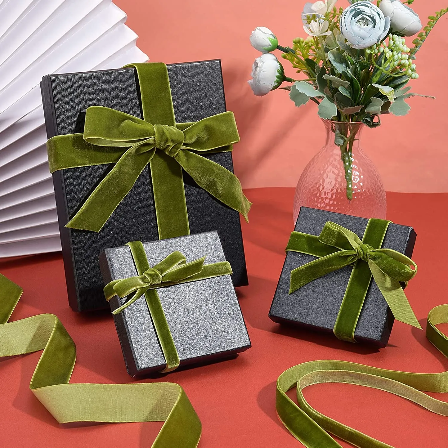 60 Yards 3 Styles Single Side Velvet Ribbon, Polyester Satin Ribbon Roll Trim Spool Single Face Ribbon for Wedding Gift Wrapping Hair Bows Flower Arranging Home Decorating (Green Series)