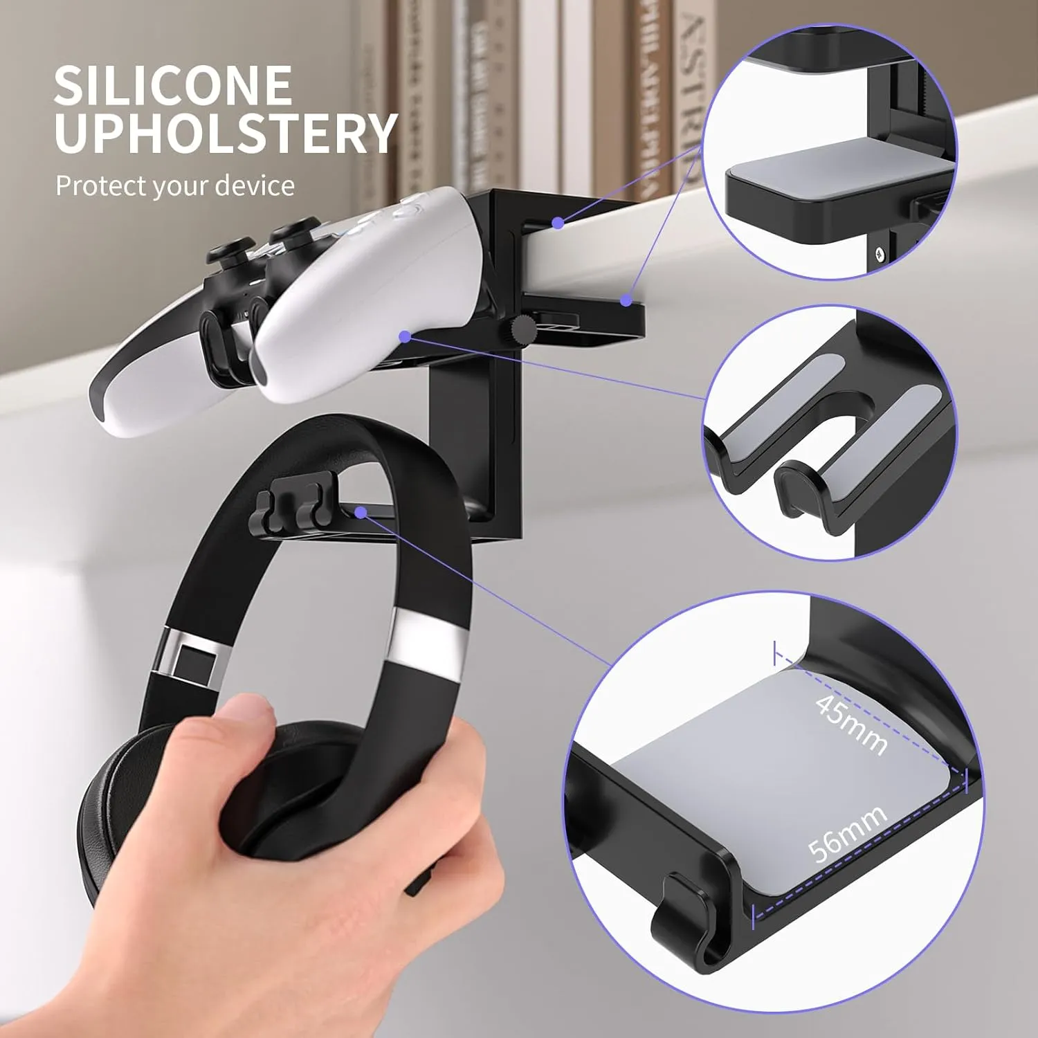 Adjustable Headphone Stand Desk-Sided Clamp Headphone Hanger with Handle PC Gaming Headset Holder (Under Desk with Handle)