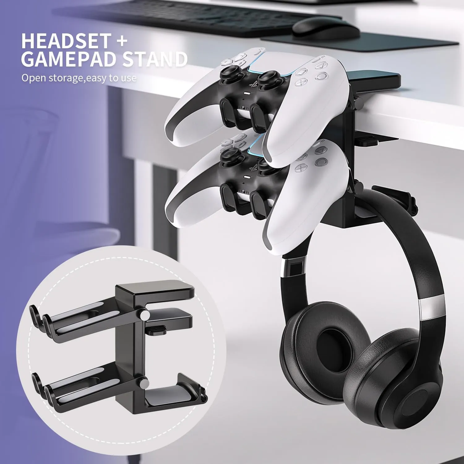 Adjustable Headphone Stand Desk-Sided Clamp Headphone Hanger with Handle PC Gaming Headset Holder (Under Desk with Handle)