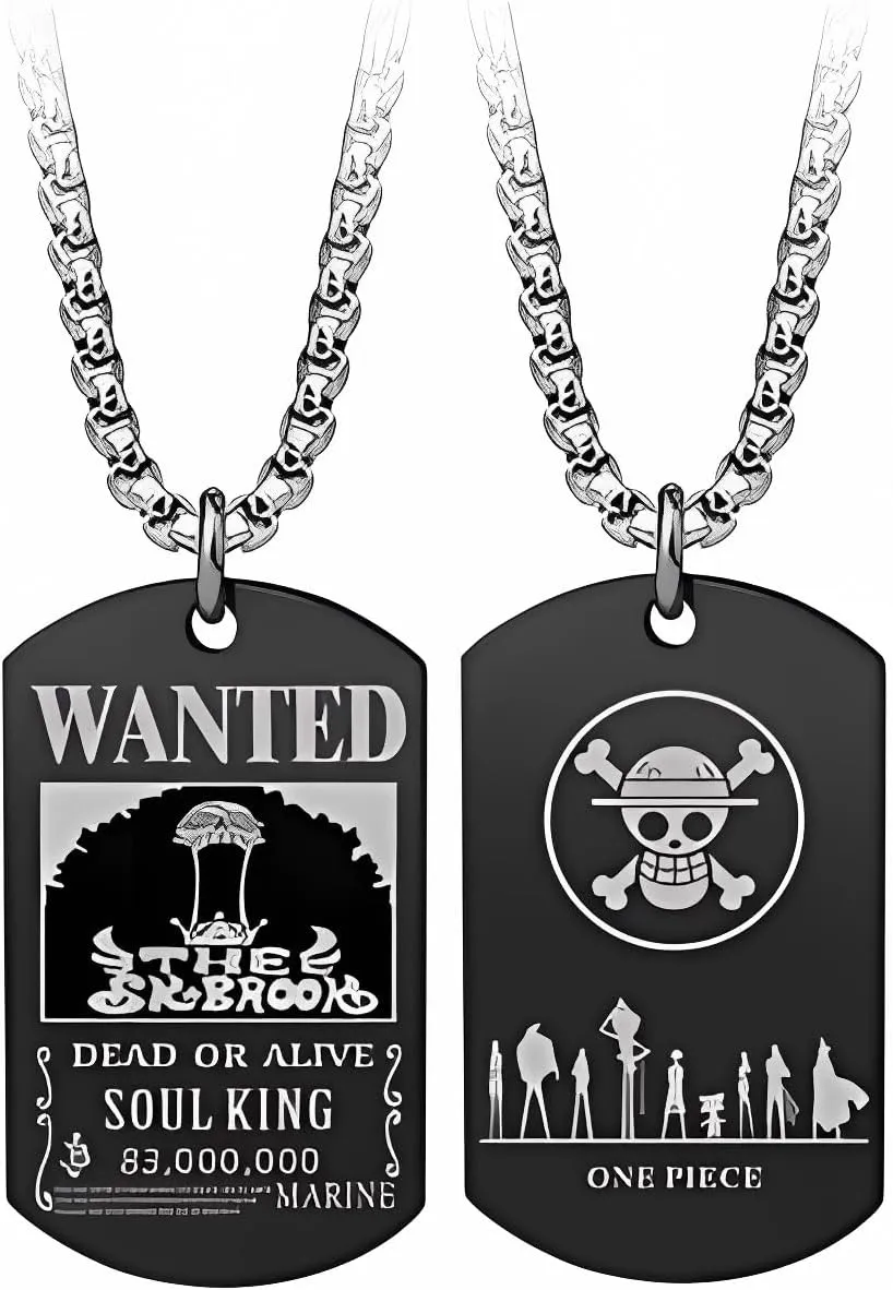 Anime One Piece Wanted Poster Pendant Necklace Stainless Steel Chain Manga Necklaces Dog Tag Jewelry for Men Boyfriends Christmas Gifts