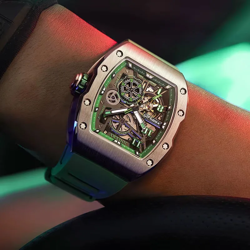 Automatic Mechanical Watches for Men Luxury Luminous Waterproof Tonneau Wristwatch Rubber Strap Relogio Masculino 2024
