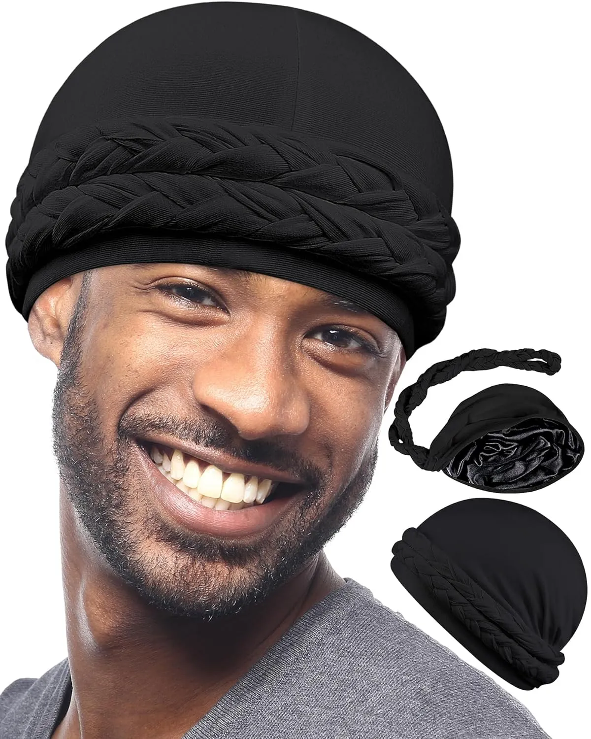 Babalet Halo Turban for Men Women Satin Lined Durag Skull Cap Pre-Tied Handmade Braids Tail Beanie Sleeping Bonnet,Black