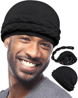 Babalet Halo Turban for Men Women Satin Lined Durag Skull Cap Pre-Tied Handmade Braids Tail Beanie Sleeping Bonnet,Black