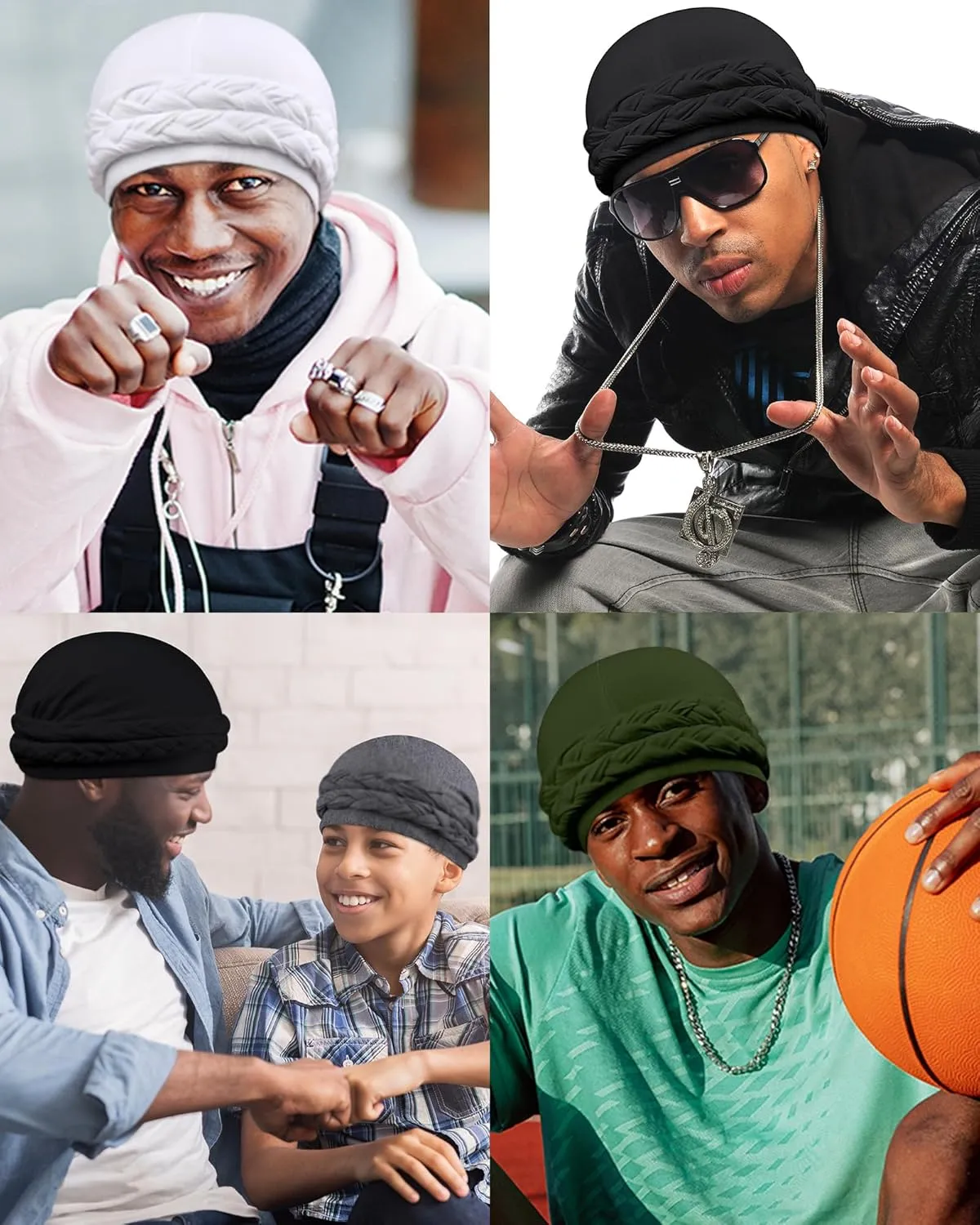Babalet Halo Turban for Men Women Satin Lined Durag Skull Cap Pre-Tied Handmade Braids Tail Beanie Sleeping Bonnet,Black
