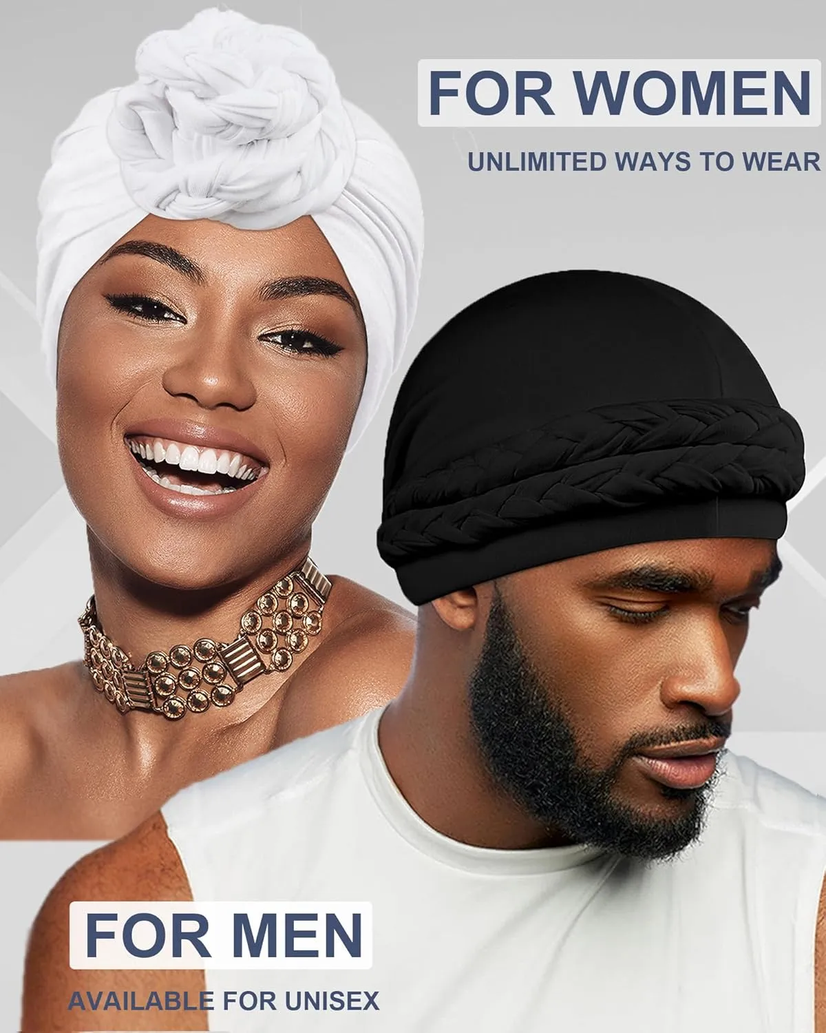 Babalet Halo Turban for Men Women Satin Lined Durag Skull Cap Pre-Tied Handmade Braids Tail Beanie Sleeping Bonnet,Grey