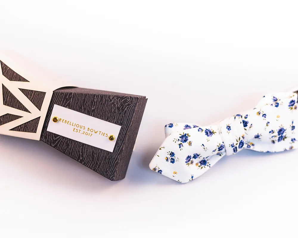 Blue Floral Cotton Bow Tie-Slim Diamond Tip