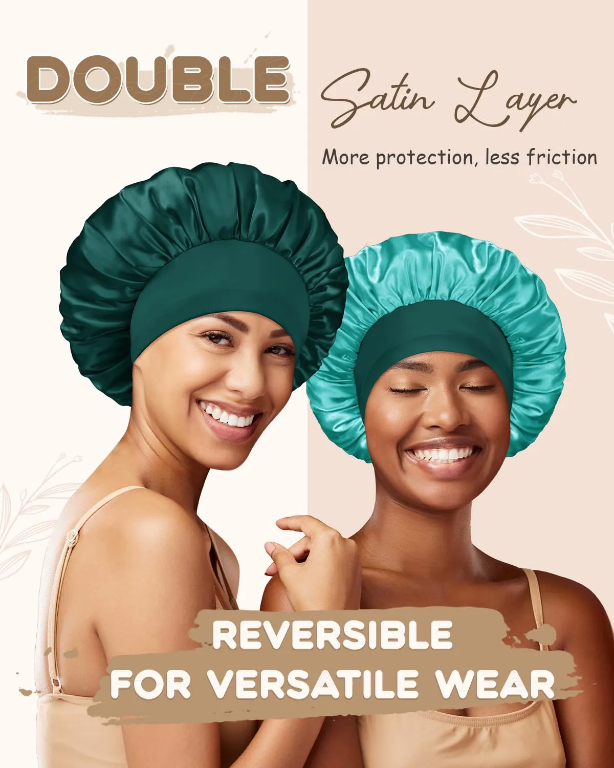 BONNET QUEEN Silk Bonnet for Sleeping Women Double Layer Reversible Satin Bonnet Sleep Cap for Curly Hair,Darkish Green & Aqua