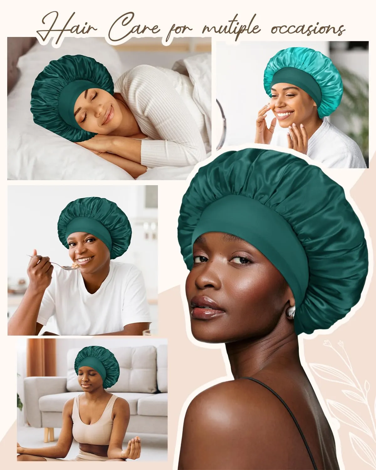 BONNET QUEEN Silk Bonnet for Sleeping Women Double Layer Reversible Satin Bonnet Sleep Cap for Curly Hair,Darkish Green & Aqua