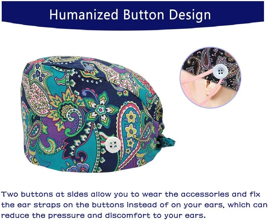 Bouffant Hats for Women 3 Pieces Adjustable Turban Cap Head Scarf Beanie Working Cap with Sweatband and Buttons for Nursing