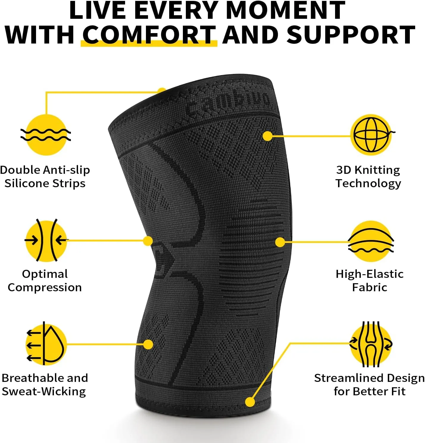 CAMBIVO 2 Pack Knee Brace, Knee Compression Sleeve for Men and Women, Knee Support for Running, Workout, Gym, Hiking, Sports (Black,Large)