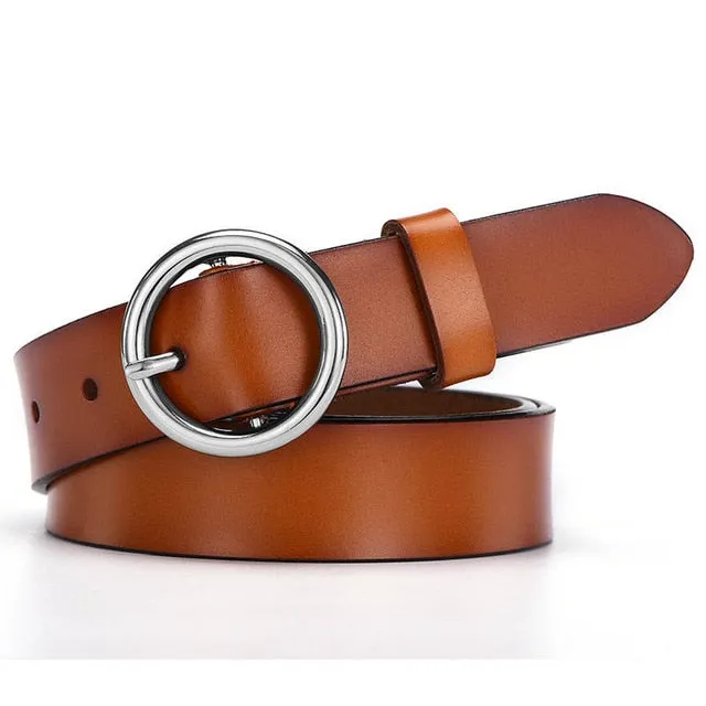 CARTELO Female The New classic retro fashion all-match leather belt light body paint round buckle belt simple Circle Pin Buckles