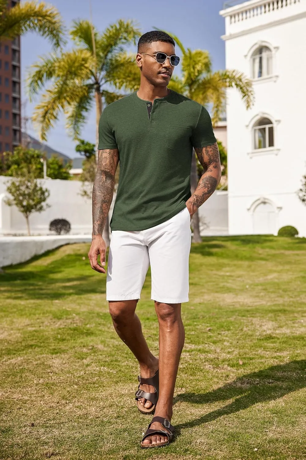 COOFANDY Men Casual Henley Shirt Short Sleeve Summer Basic T Shirt Pocket Soild Button Tee Top