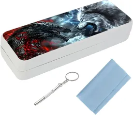 Eyeglass Case Hard Shell, Dragon Wolf Portable Sunglass Case, fashionable PU Leather Eyeglass Case, Eyeglass Holder Box with Cleaning Cloth Glasses Disassembly Tool, for Men Women
