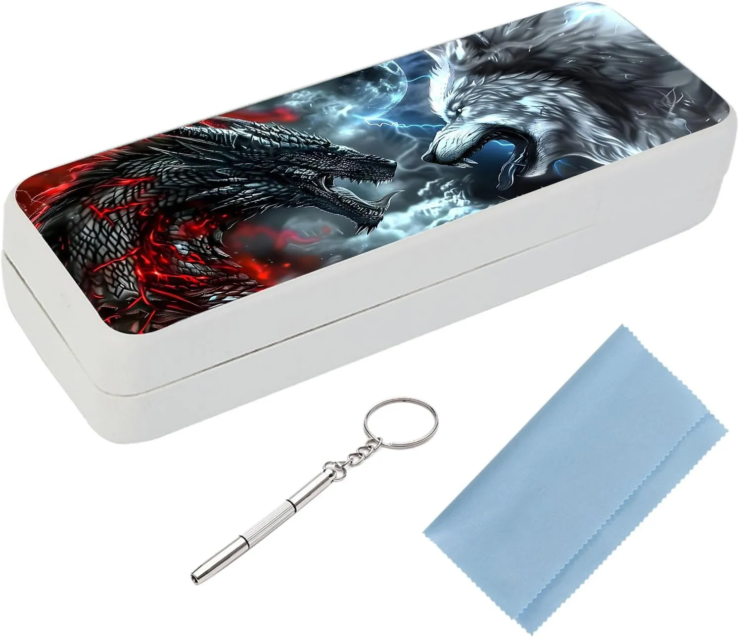 Eyeglass Case Hard Shell, Dragon Wolf Portable Sunglass Case, fashionable PU Leather Eyeglass Case, Eyeglass Holder Box with Cleaning Cloth Glasses Disassembly Tool, for Men Women