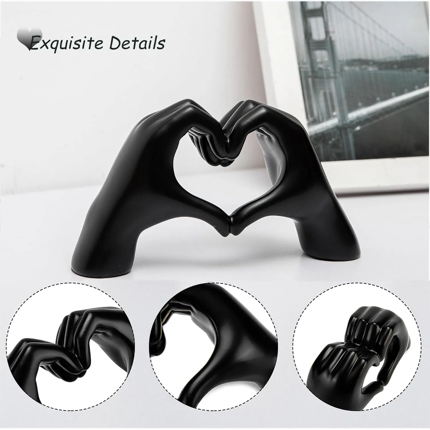 FANTESTICRYAN Small Heart Hands Statues Hand Love Sculpture Cute Decorative Home Decor Ornaments for Living Room, Wedding, Office Desktop, Cabinets, Bookshelf (Small Black)