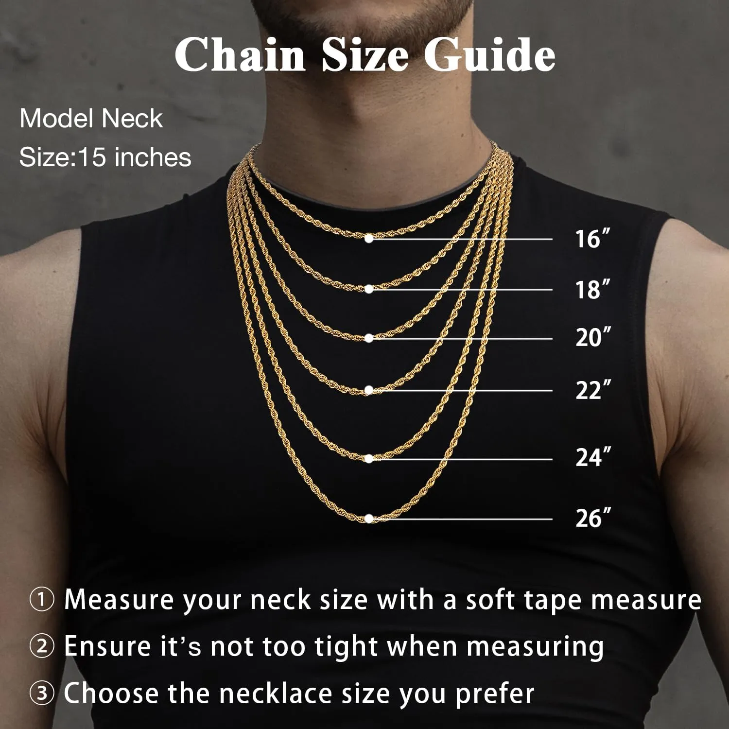 Father's Day Gifts 3mm 18K Gold Plated Rope Chain Necklace for Men, World's Top Craftsmanship Gold Stainless Steel Necklace for Men, Non Tarnish & Sturdy Men's Chain Necklaces 16 18 20 22 24 26 Inch