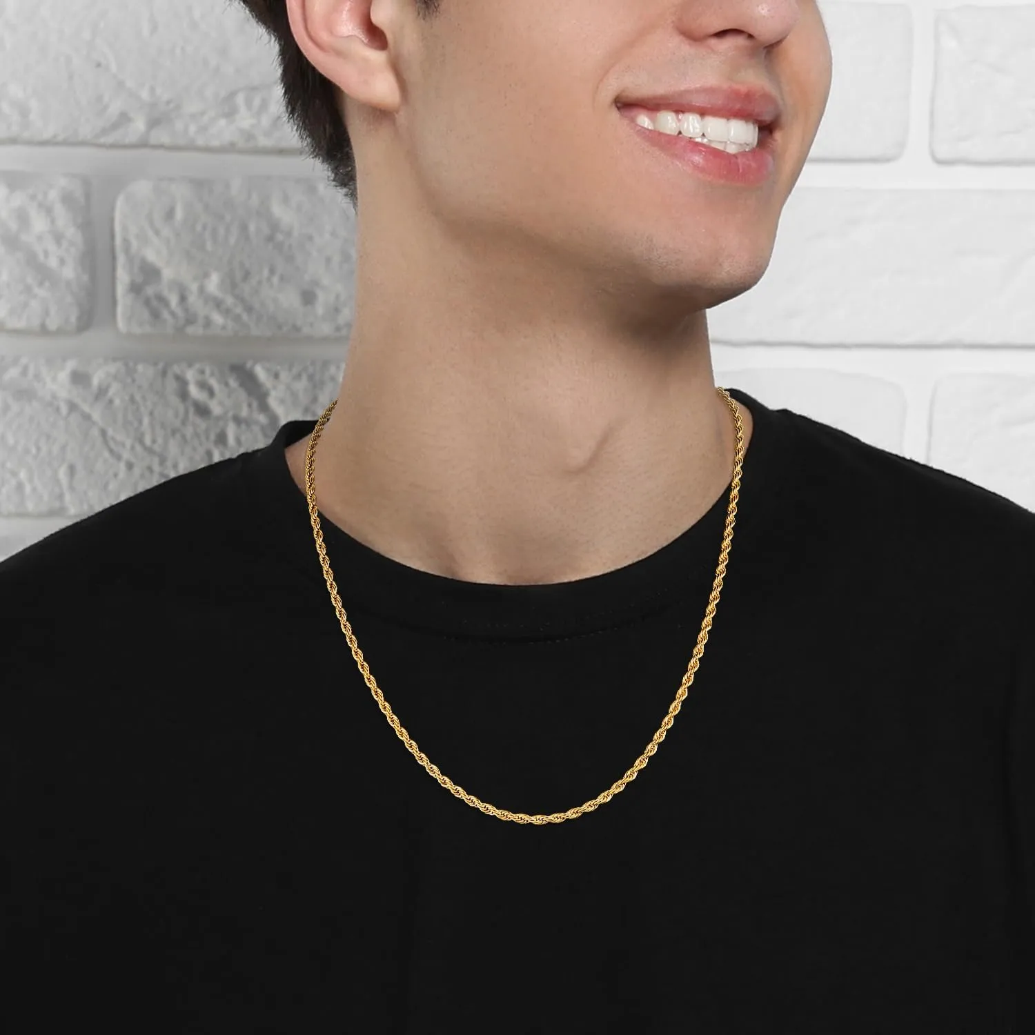 Father's Day Gifts 3mm 18K Gold Plated Rope Chain Necklace for Men, World's Top Craftsmanship Gold Stainless Steel Necklace for Men, Non Tarnish & Sturdy Men's Chain Necklaces 16 18 20 22 24 26 Inch