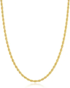 Father's Day Gifts 3mm 18K Gold Plated Rope Chain Necklace for Men, World's Top Craftsmanship Gold Stainless Steel Necklace for Men, Non Tarnish & Sturdy Men's Chain Necklaces 16 18 20 22 24 26 Inch