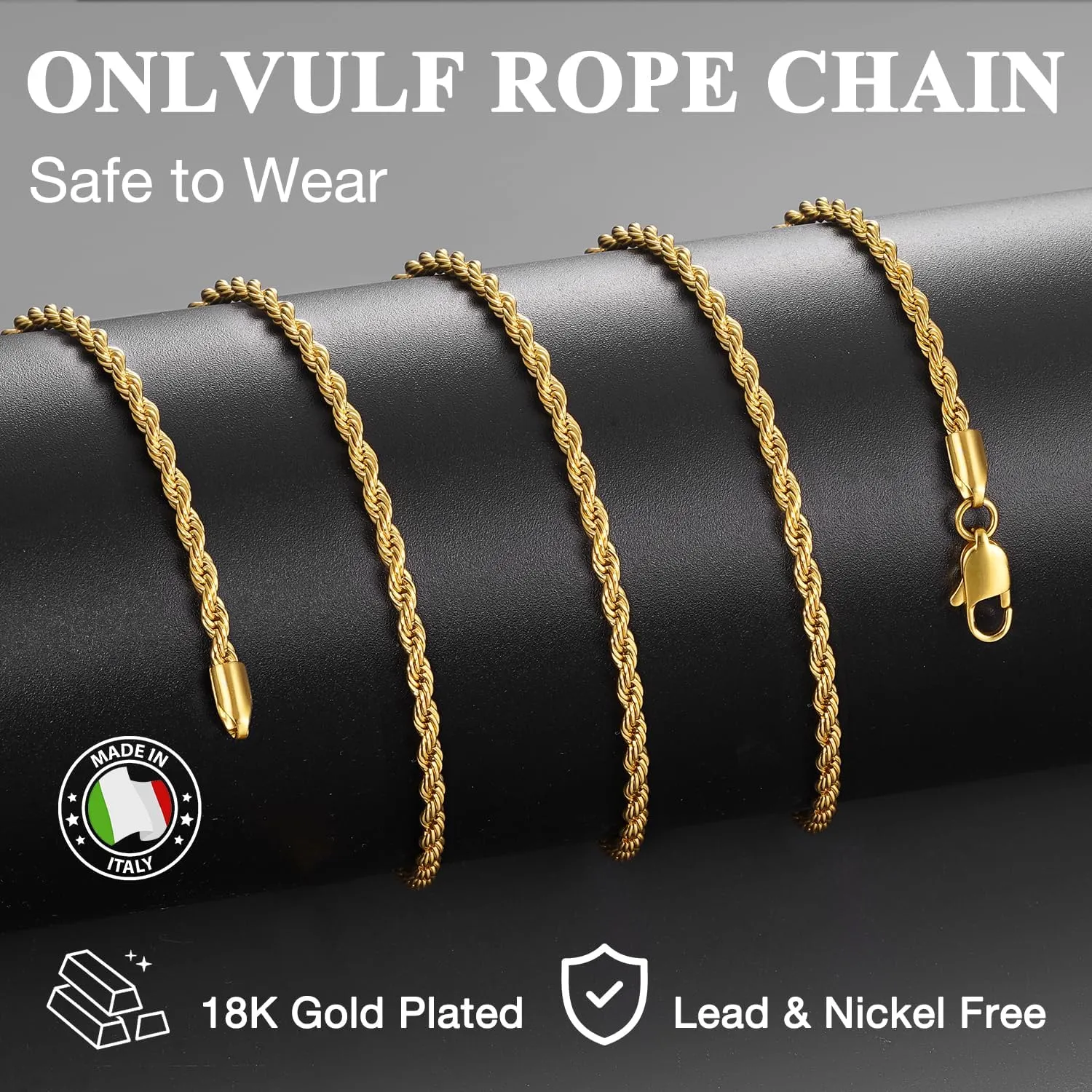 Father's Day Gifts 3mm 18K Gold Plated Rope Chain Necklace for Men, World's Top Craftsmanship Gold Stainless Steel Necklace for Men, Non Tarnish & Sturdy Men's Chain Necklaces 16 18 20 22 24 26 Inch