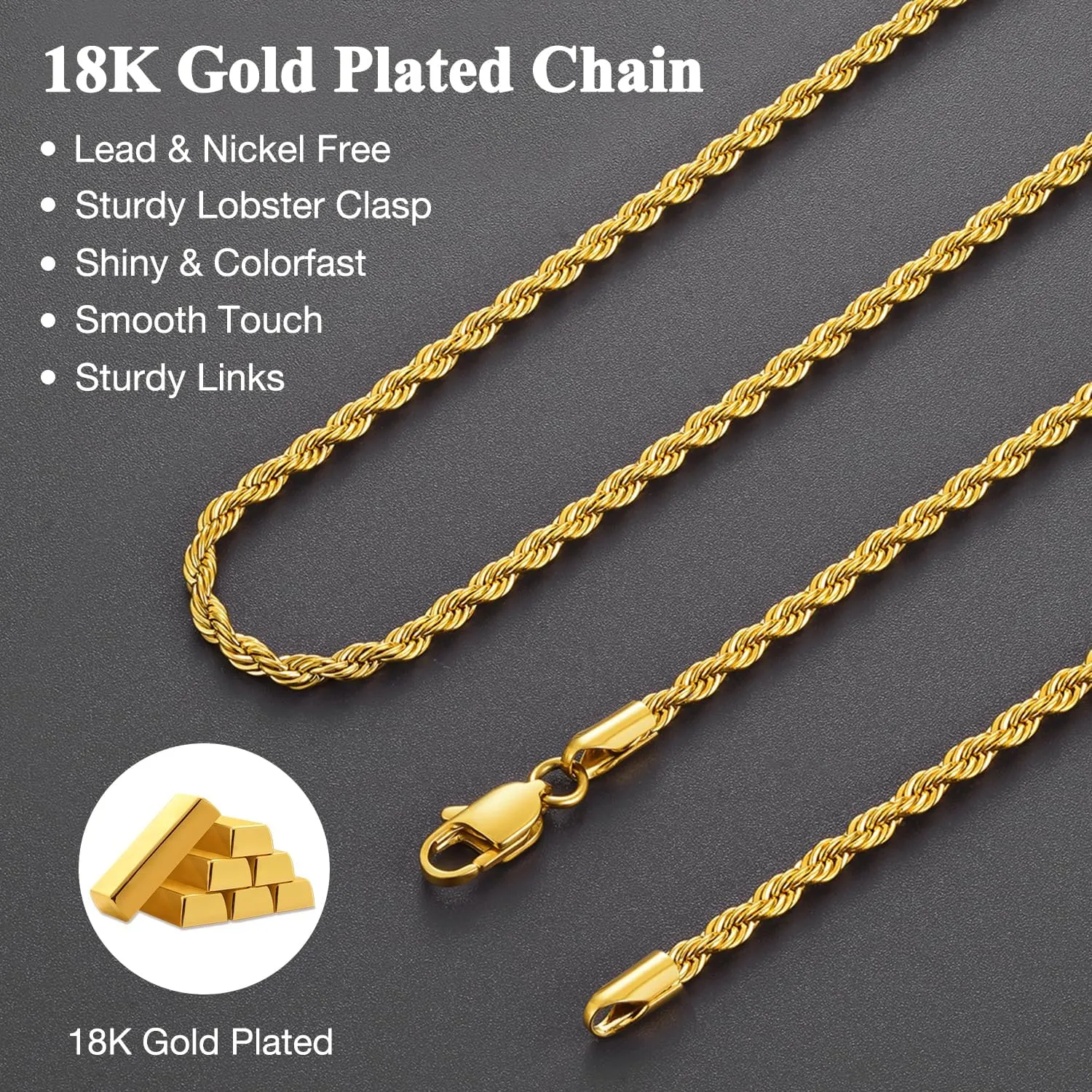 Father's Day Gifts 3mm 18K Gold Plated Rope Chain Necklace for Men, World's Top Craftsmanship Gold Stainless Steel Necklace for Men, Non Tarnish & Sturdy Men's Chain Necklaces 16 18 20 22 24 26 Inch