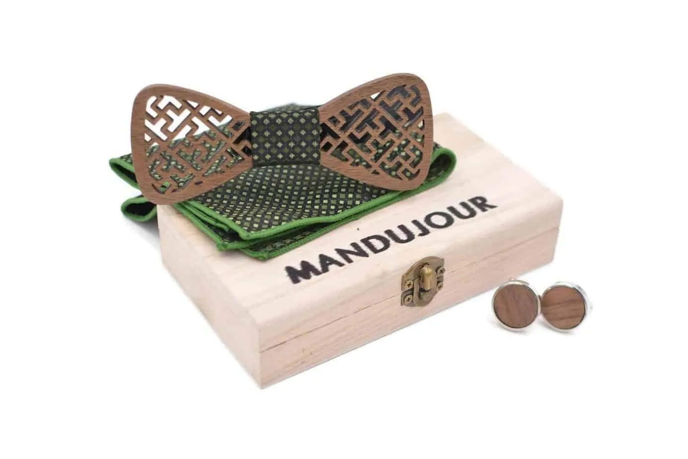 Green Wooden Bow Tie Set - Handcrafted Wood Bow Tie, Handkerchief, and Cuff Links