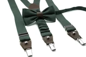 Hunter Green Bow Tie, Men's Leather Suspenders, Groomsmen Wedding Accessories, Bow Tie Suspenders for Boys, Toddlers
