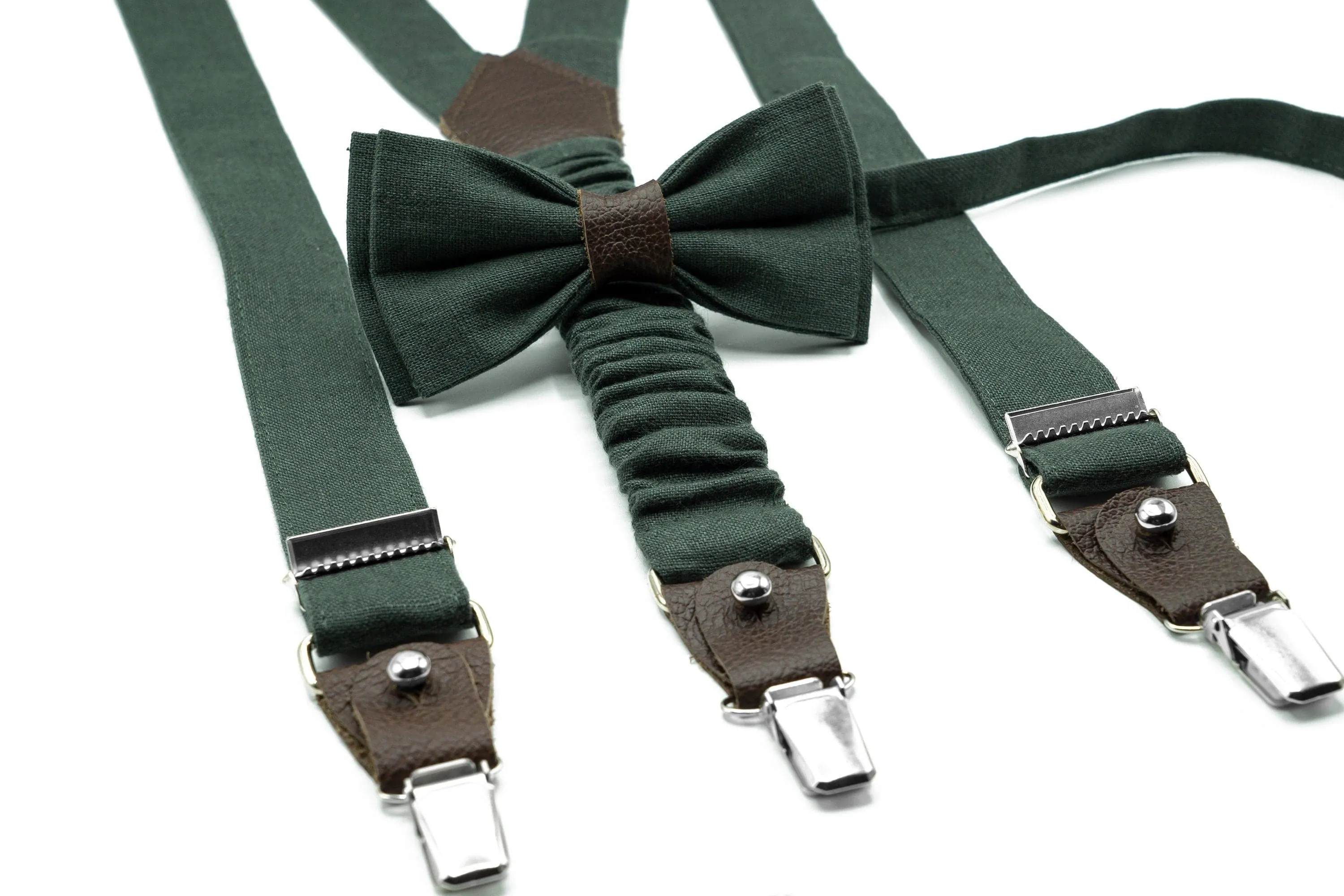 Hunter Green Bow Tie, Men's Leather Suspenders, Groomsmen Wedding Accessories, Bow Tie Suspenders for Boys, Toddlers