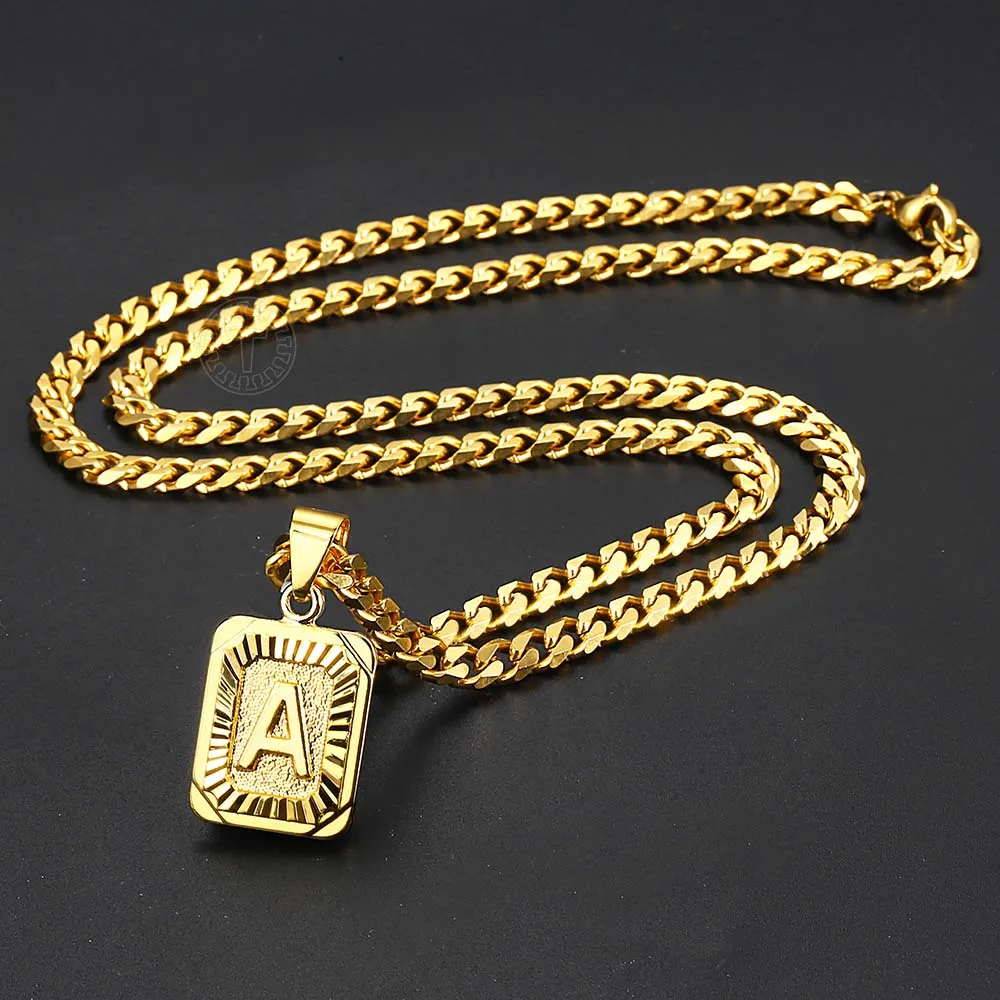 Initial Letter Pendant Charm Gold Necklace Cuban Link Chain