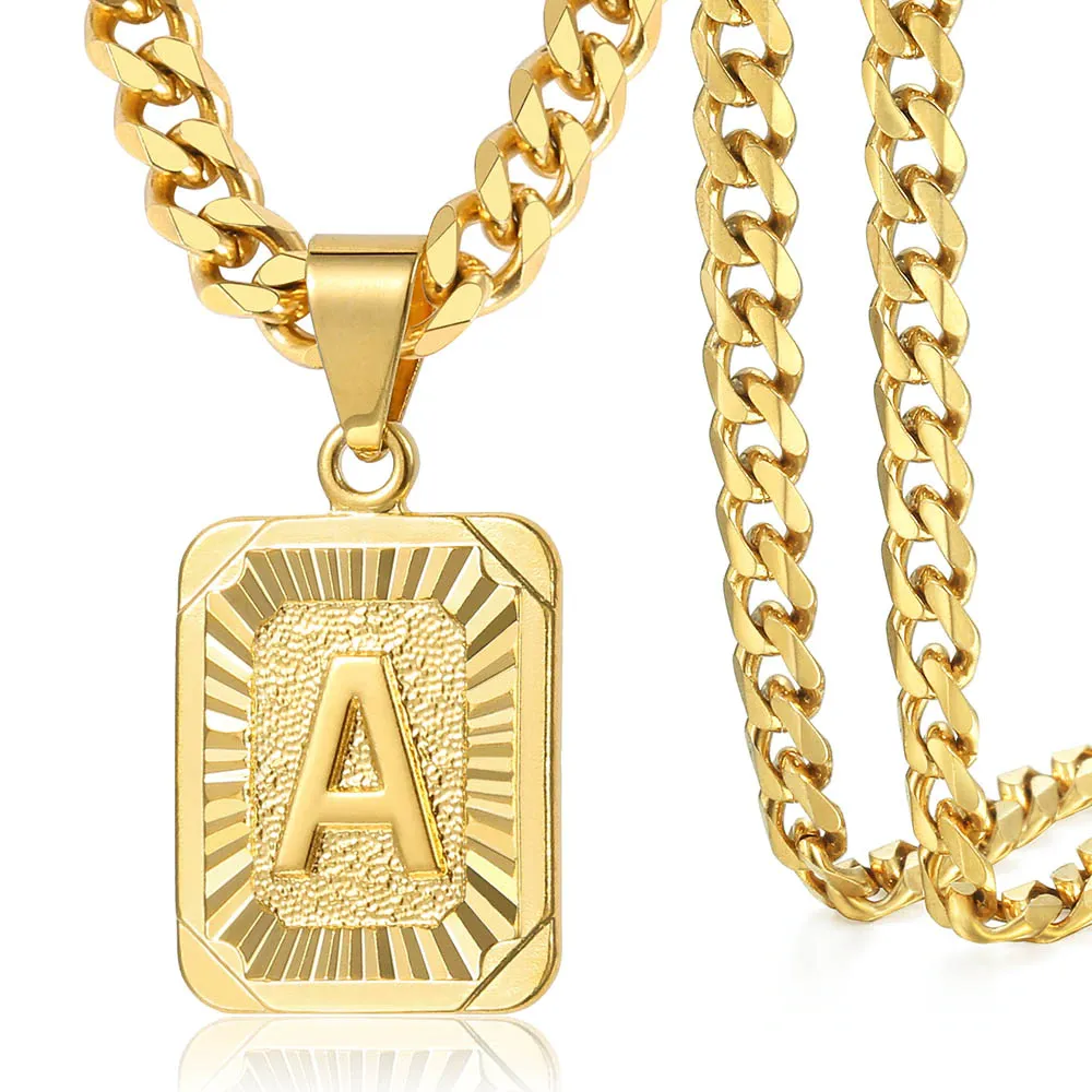 Initial Letter Pendant Charm Gold Necklace Cuban Link Chain