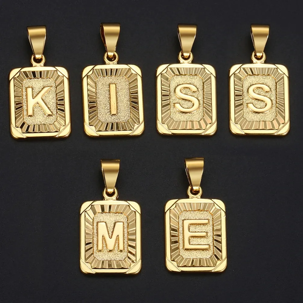 Initial Letter Pendant Charm Gold Necklace Cuban Link Chain