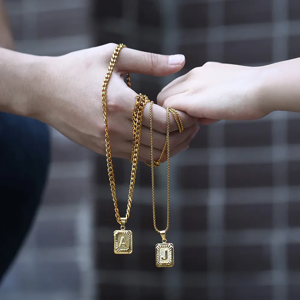 Initial Letter Pendant Charm Gold Necklace Cuban Link Chain