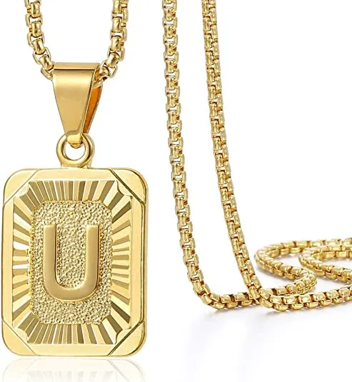 Initial Letter Pendant Charm Gold Necklace Cuban Link Chain