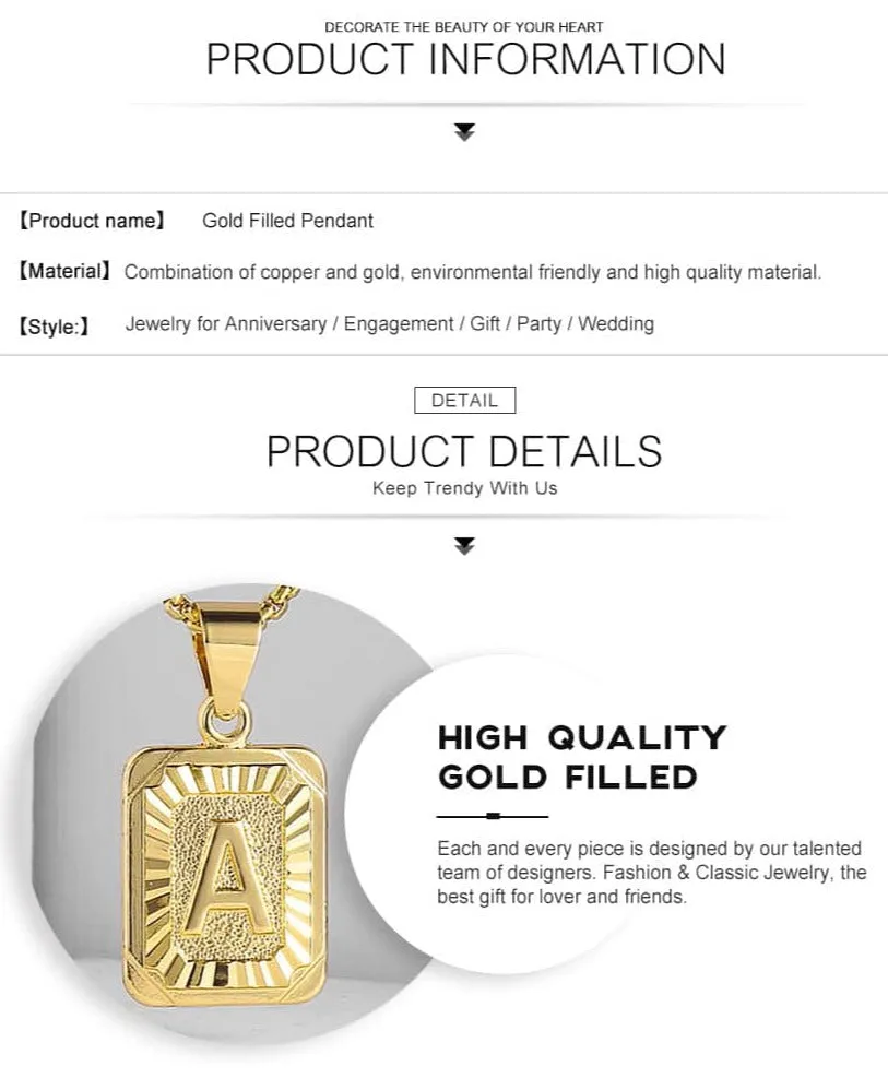 Initial Letter Pendant Charm Gold Necklace Cuban Link Chain