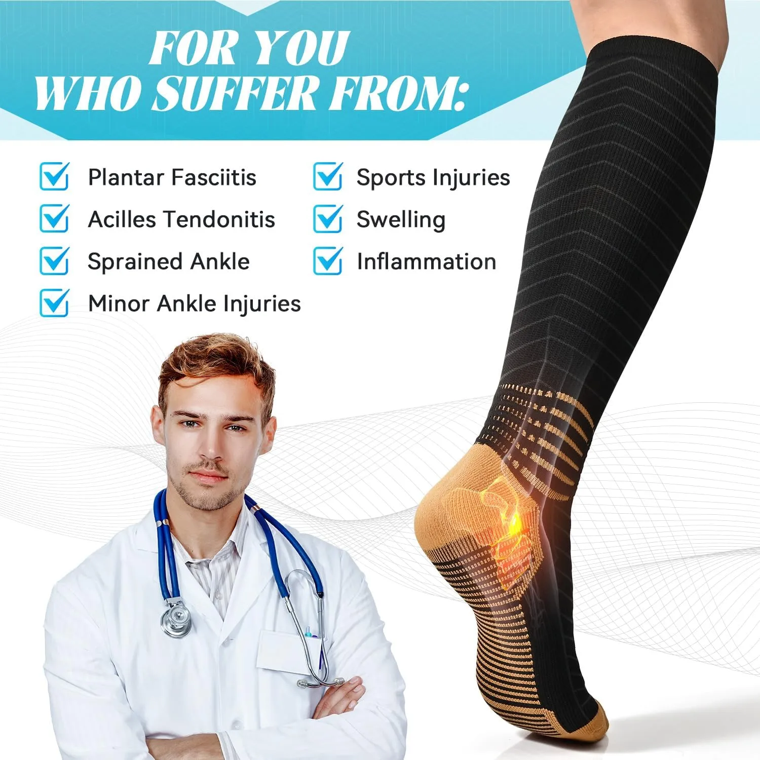 IRAMY Copper Compression Socks for Men Women 15-20 mmHg Ankle Support V-Shape Gradient Compression Coolmax Wicking Knee High Socks