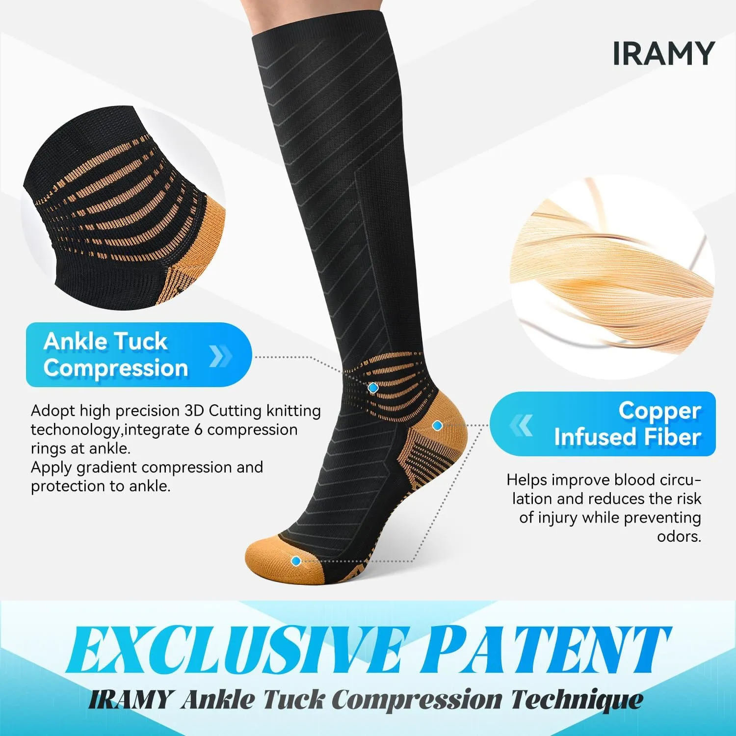 IRAMY Copper Compression Socks for Men Women 15-20 mmHg Ankle Support V-Shape Gradient Compression Coolmax Wicking Knee High Socks
