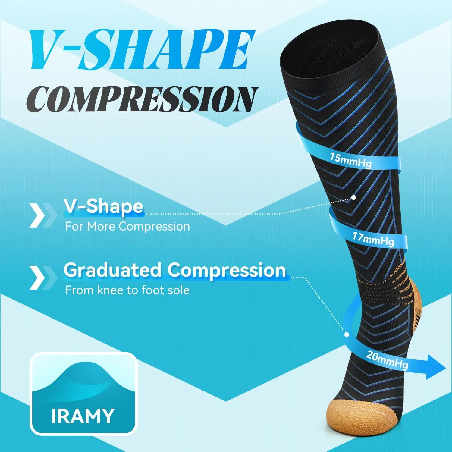 IRAMY Copper Compression Socks for Men Women 15-20 mmHg Ankle Support V-Shape Gradient Compression Coolmax Wicking Knee High Socks