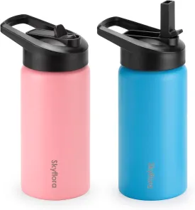 Kids Water Bottle with Straw 2 Pack, 16oz Water Bottles Bulk, Single Wall 18/8 Stainless Steel, Dishwasher Safe & Leakproof, Reusable Gift for Girls Boys to School Sports Travel Camping, Pink & Blue