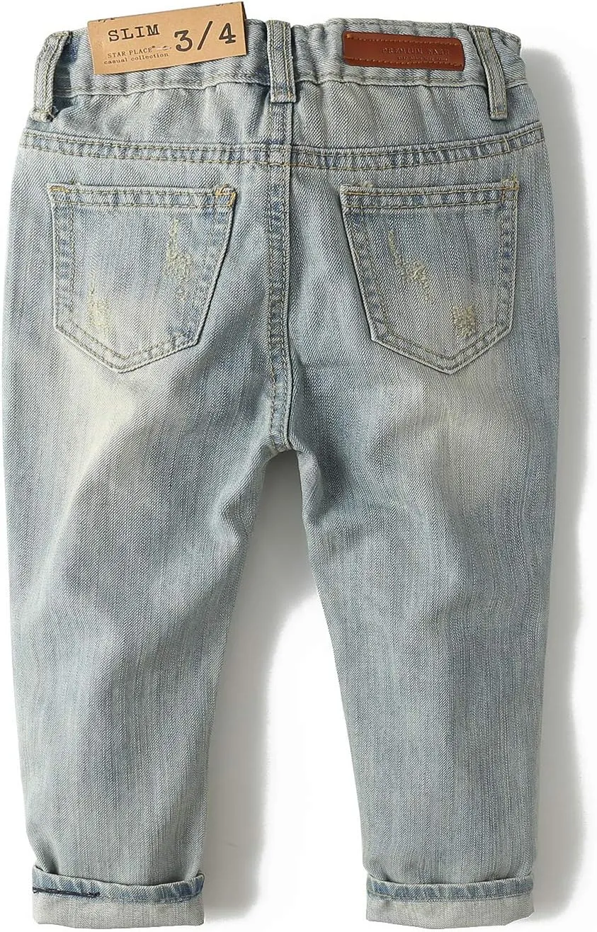 KIDSCOOL SPACE Baby Girl Boy Jeans,Elastic Band Inside with D-Rings Ripped Denim Pants