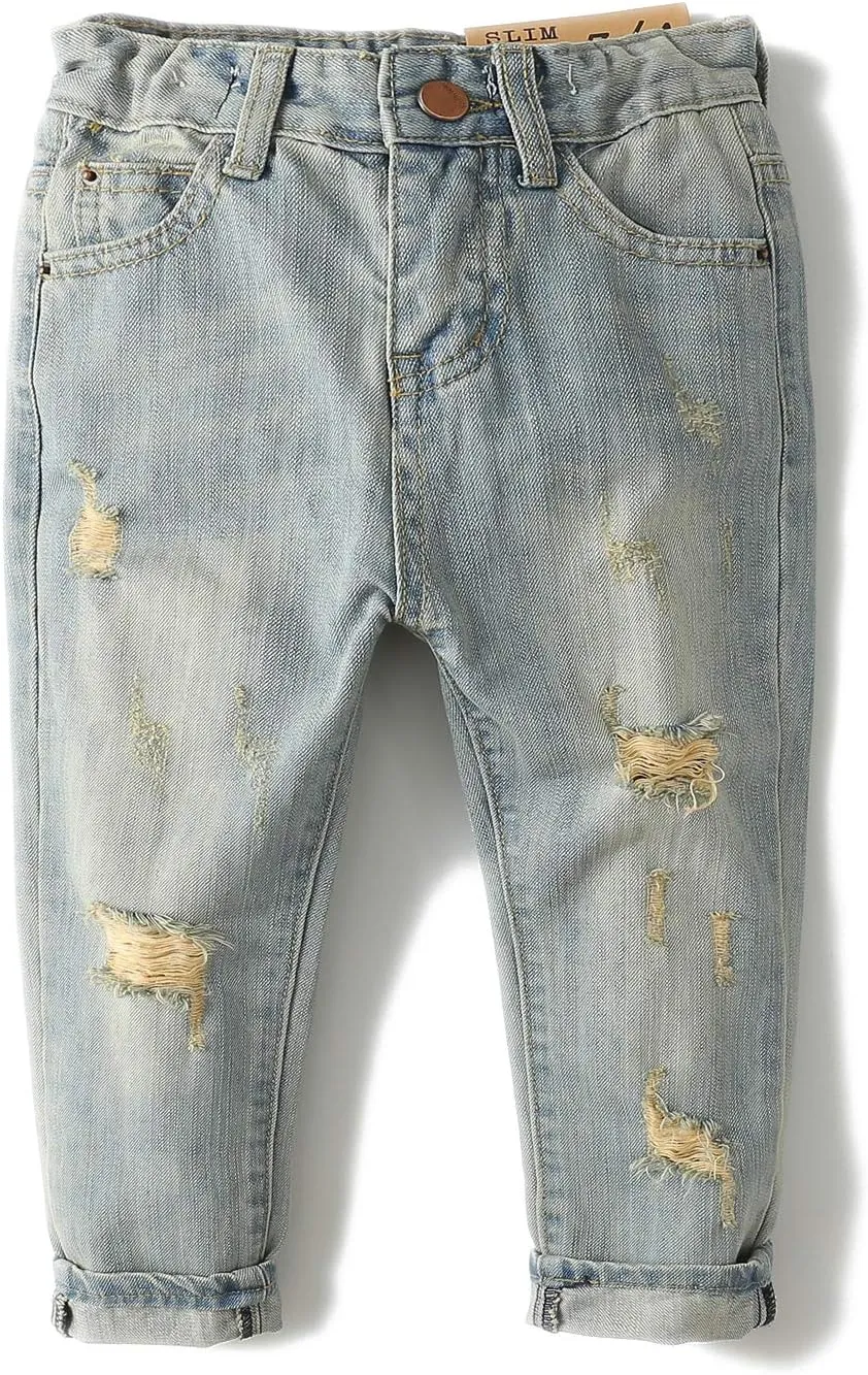 KIDSCOOL SPACE Baby Girl Boy Jeans,Elastic Band Inside with D-Rings Ripped Denim Pants
